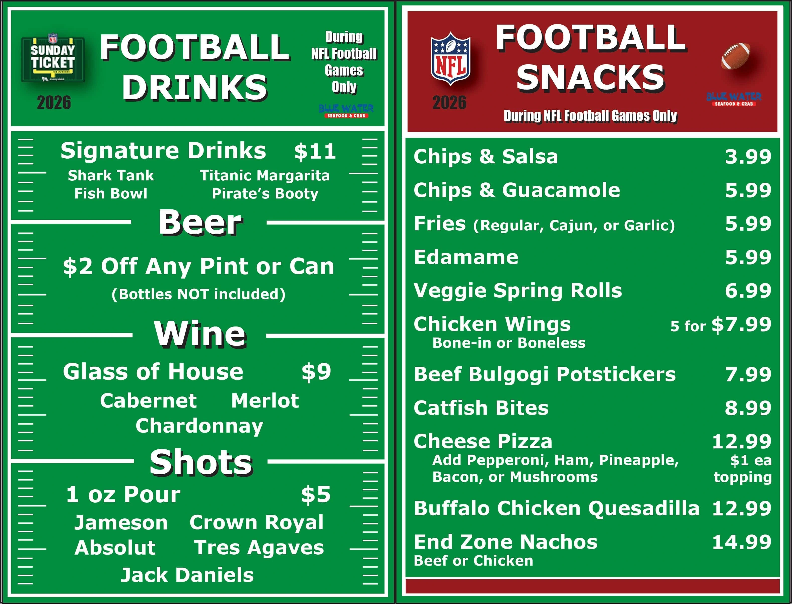 Blue Water Football Specials Blue Water Football Specials